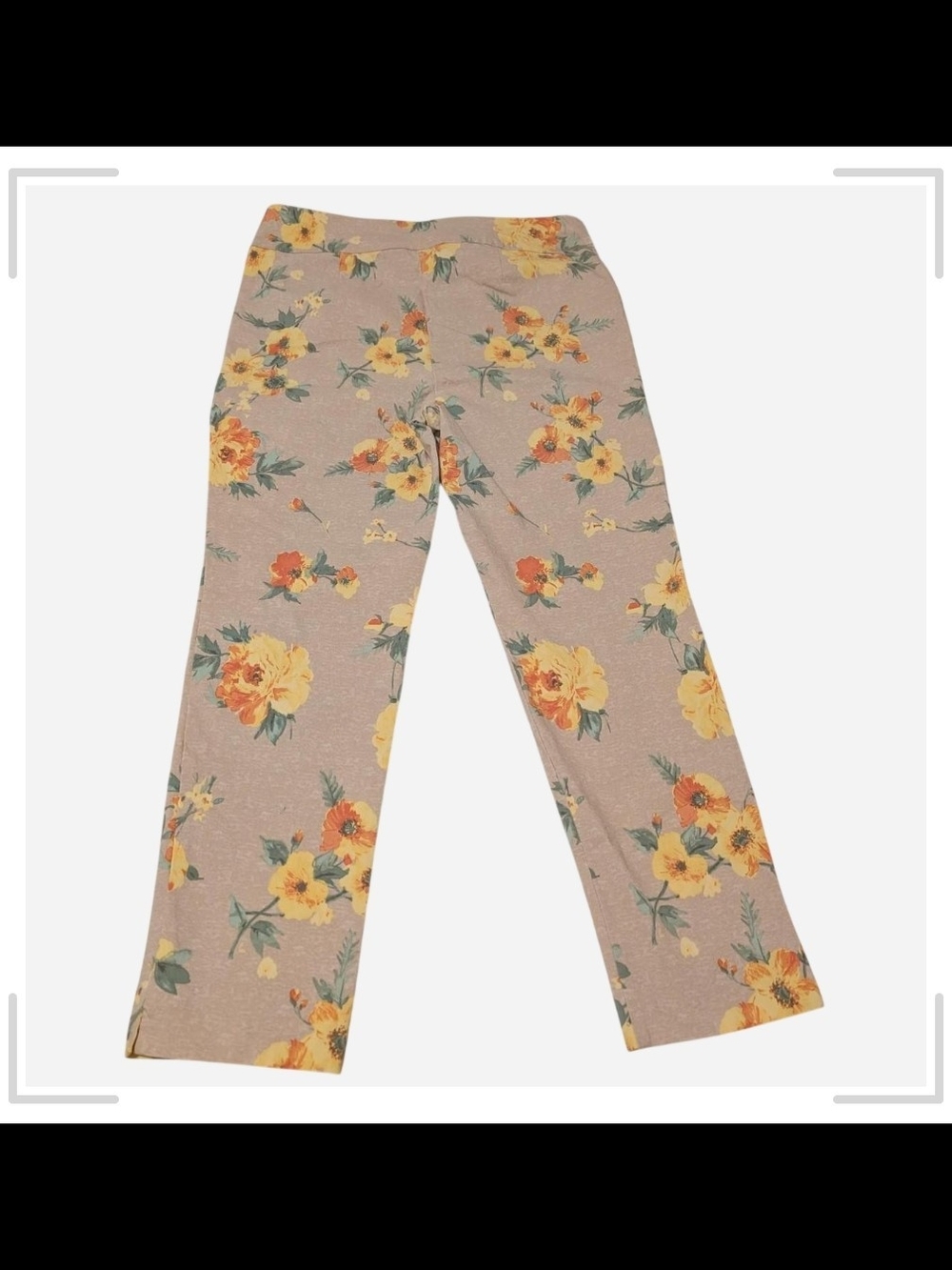 Pre-owned Chico's Taupe Floral Cropped Ankle Pants with Yellow Blooms